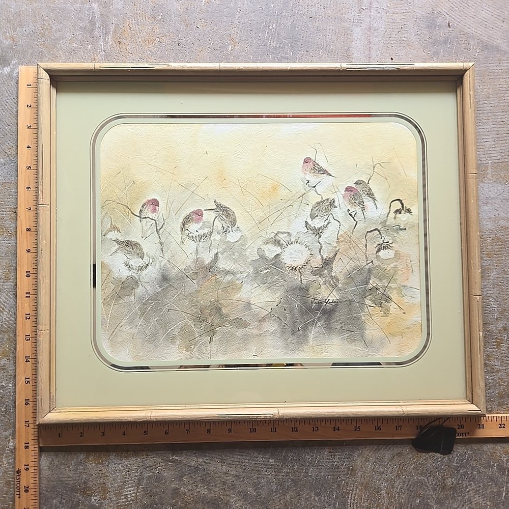 VTG Vern Yadon 1978 Framed Bird Thistle Print 17x21 Finch Watercolor Nature Art